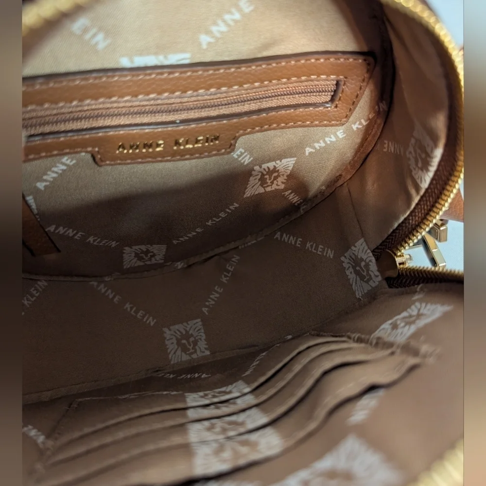 Anne Klein Brown And Gold Cork Circle Round Crossbody Bag